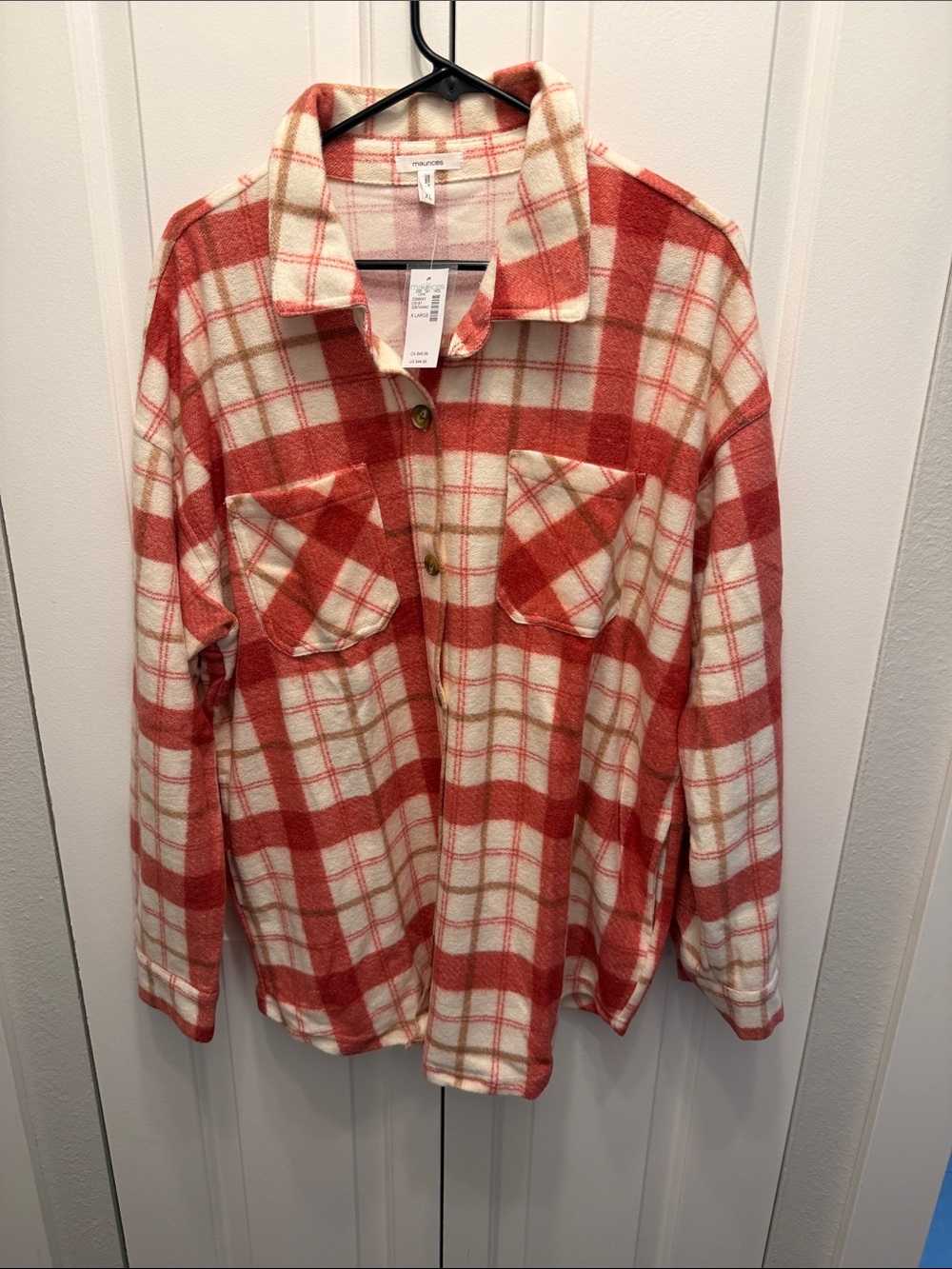 Maurices Light Red and Cream Plaid Button-Up Shacket
